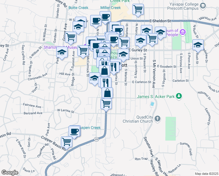 map of restaurants, bars, coffee shops, grocery stores, and more near 311 South Montezuma Street in Prescott