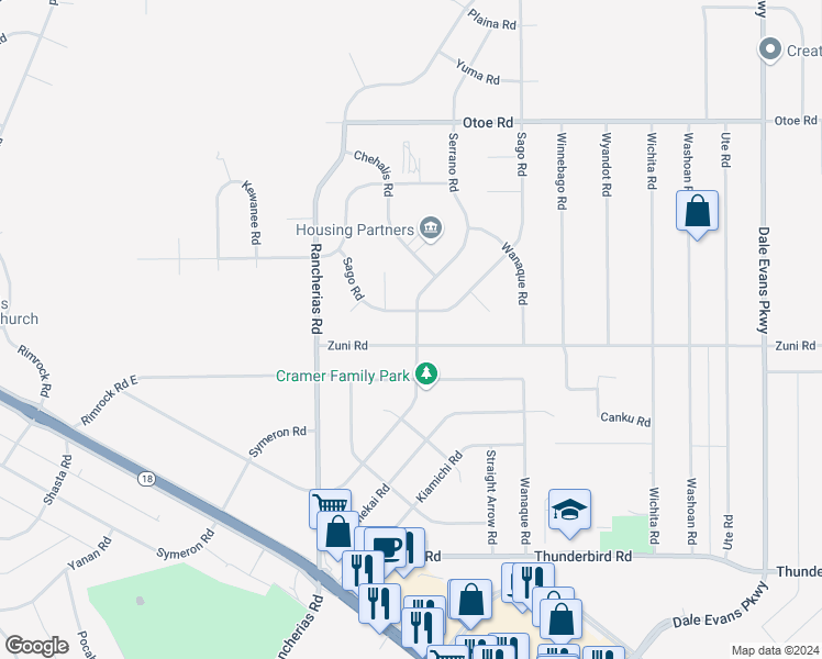map of restaurants, bars, coffee shops, grocery stores, and more near 15748 Sago Road in Apple Valley