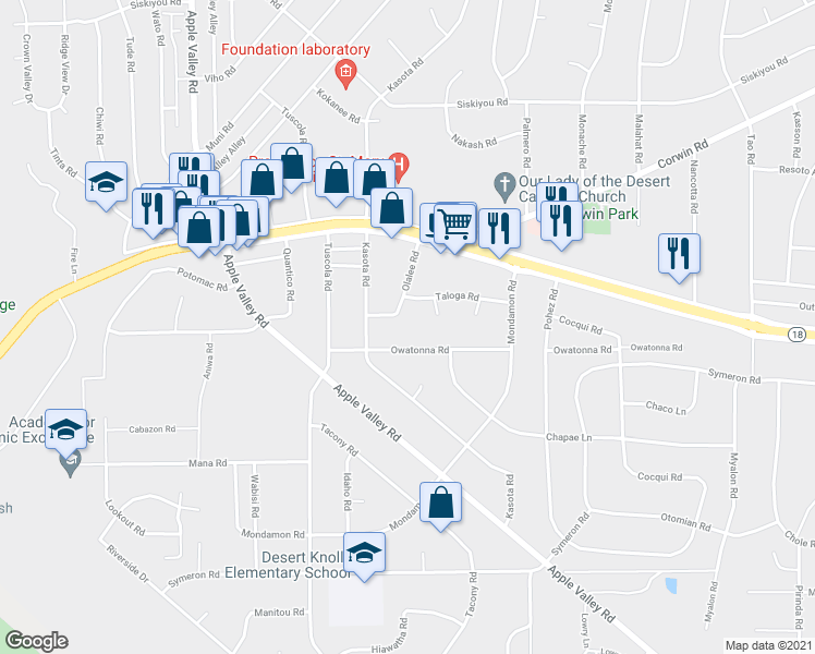 map of restaurants, bars, coffee shops, grocery stores, and more near 15749 Olalee Road in Apple Valley