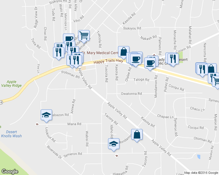 map of restaurants, bars, coffee shops, grocery stores, and more near 15762 Tuscola Road in Apple Valley