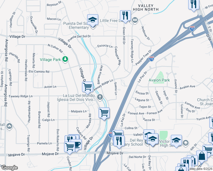 map of restaurants, bars, coffee shops, grocery stores, and more near 15774 Sueno Lane in Victorville