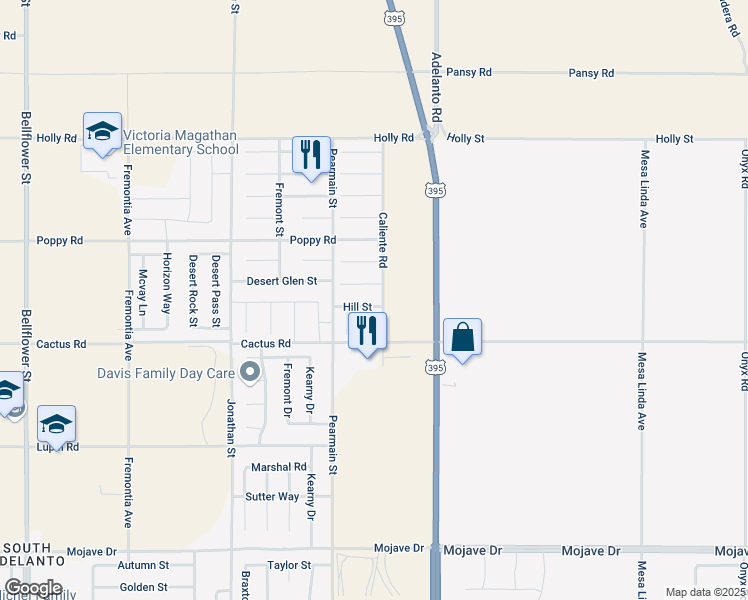 map of restaurants, bars, coffee shops, grocery stores, and more near 11976 Hill Street in Adelanto