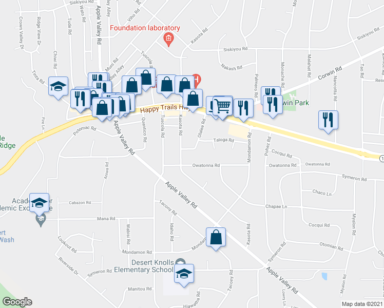 map of restaurants, bars, coffee shops, grocery stores, and more near 15749 Olalee Rd in Apple Valley