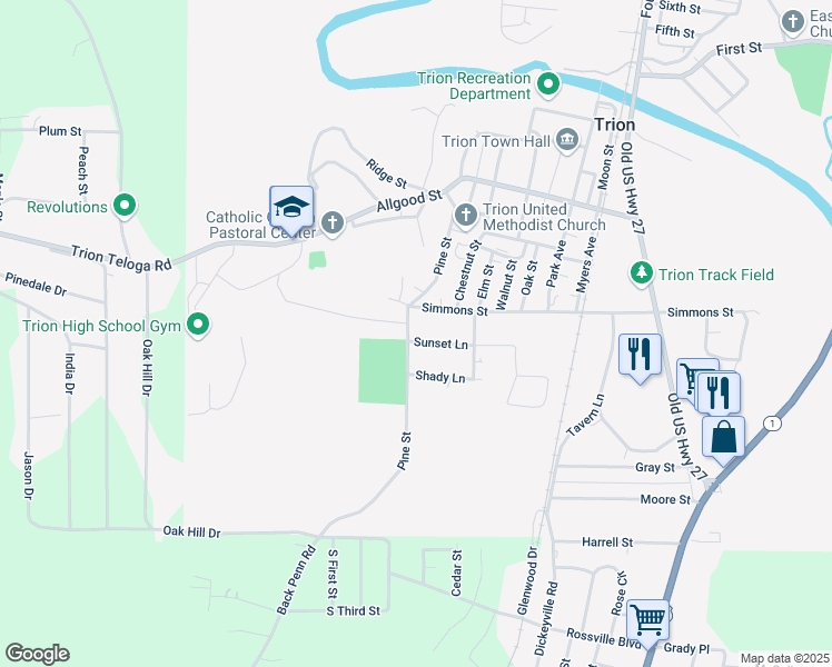 map of restaurants, bars, coffee shops, grocery stores, and more near 3 Sunset Lane in Trion