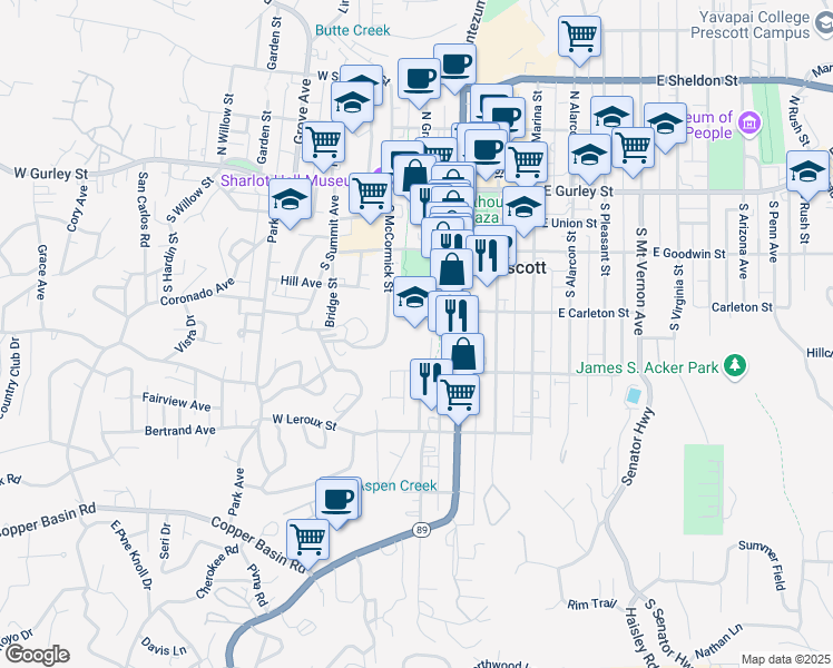 map of restaurants, bars, coffee shops, grocery stores, and more near 300 South Granite Street in Prescott