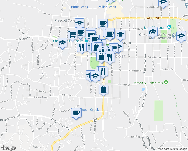 map of restaurants, bars, coffee shops, grocery stores, and more near 300 South Granite Street in Prescott