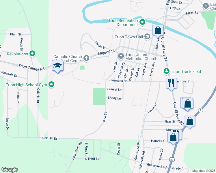 map of restaurants, bars, coffee shops, grocery stores, and more near 3 Sunset Lane in Trion