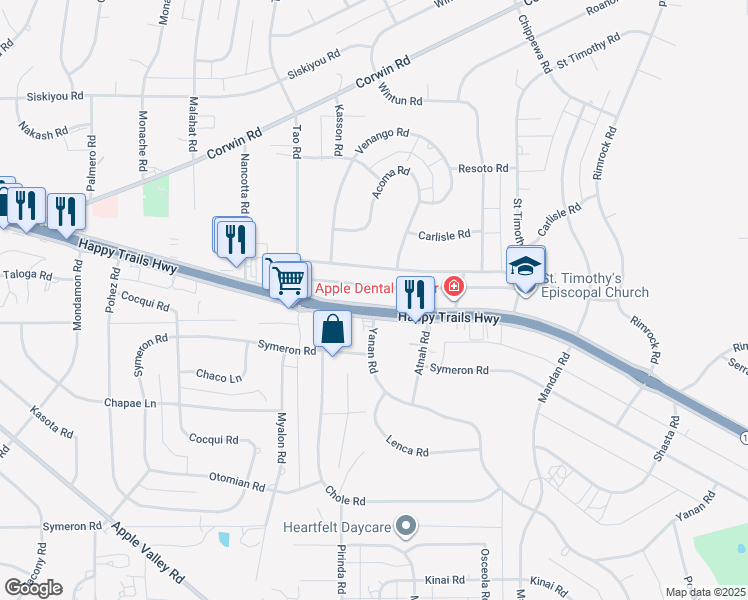 map of restaurants, bars, coffee shops, grocery stores, and more near 19048 California 18 in Apple Valley