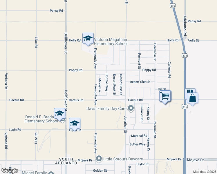 map of restaurants, bars, coffee shops, grocery stores, and more near 15785 Horizon Way in Adelanto