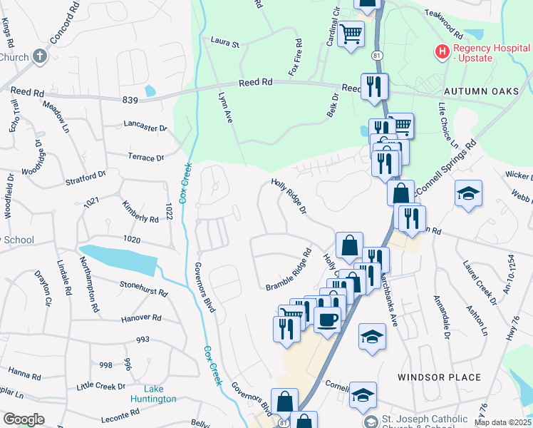 map of restaurants, bars, coffee shops, grocery stores, and more near 415 Holly Ridge Drive in Anderson