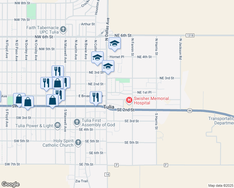 map of restaurants, bars, coffee shops, grocery stores, and more near 516 Northeast 2nd Street in Tulia