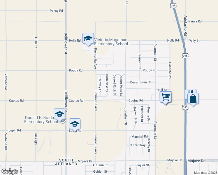 map of restaurants, bars, coffee shops, grocery stores, and more near 15785 Horizon Way in Adelanto