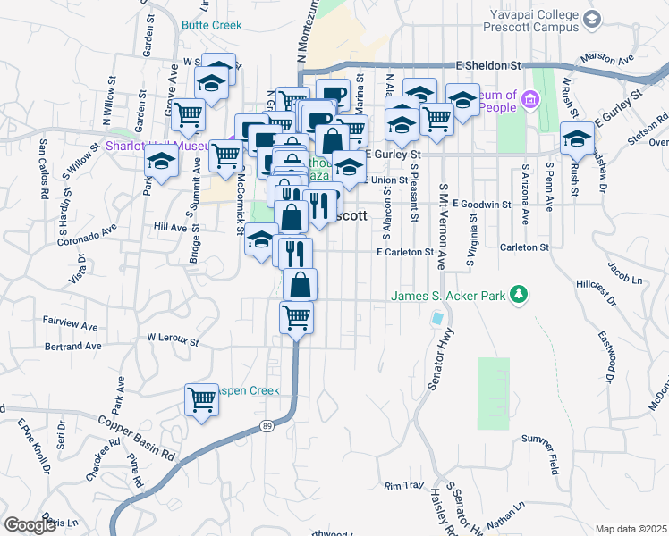 map of restaurants, bars, coffee shops, grocery stores, and more near 315 South Cortez Street in Prescott