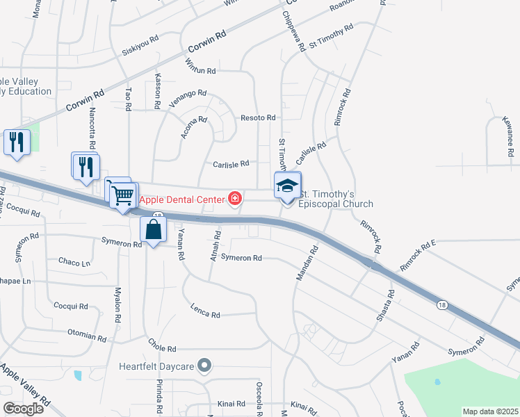 map of restaurants, bars, coffee shops, grocery stores, and more near 2 Outer Highway 18 North in Apple Valley