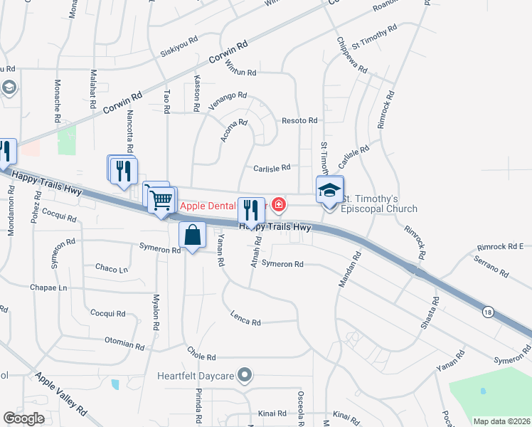 map of restaurants, bars, coffee shops, grocery stores, and more near Highway 18 in Apple Valley