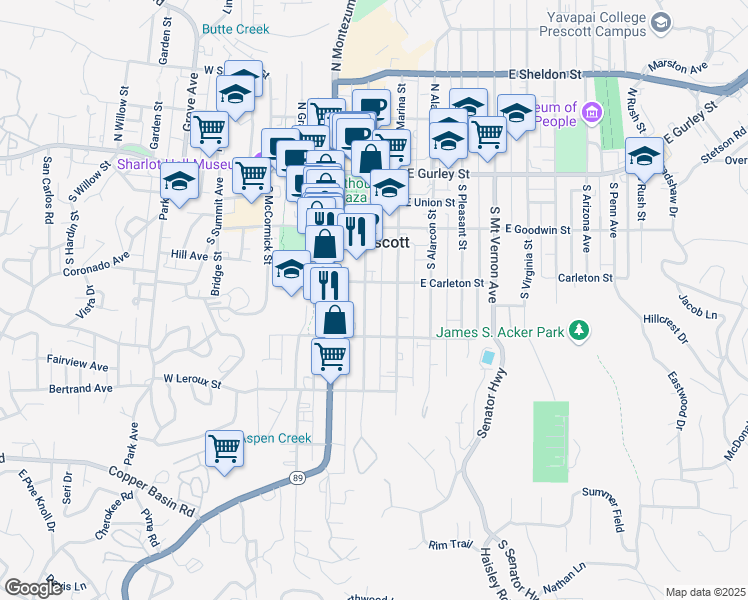 map of restaurants, bars, coffee shops, grocery stores, and more near 315 South Cortez Street in Prescott