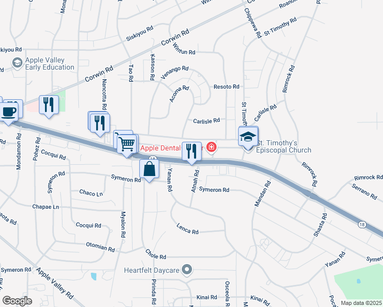 map of restaurants, bars, coffee shops, grocery stores, and more near 19170 California 18 in Apple Valley
