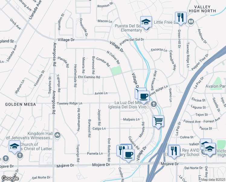 map of restaurants, bars, coffee shops, grocery stores, and more near 15652 Avion Lane in Victorville