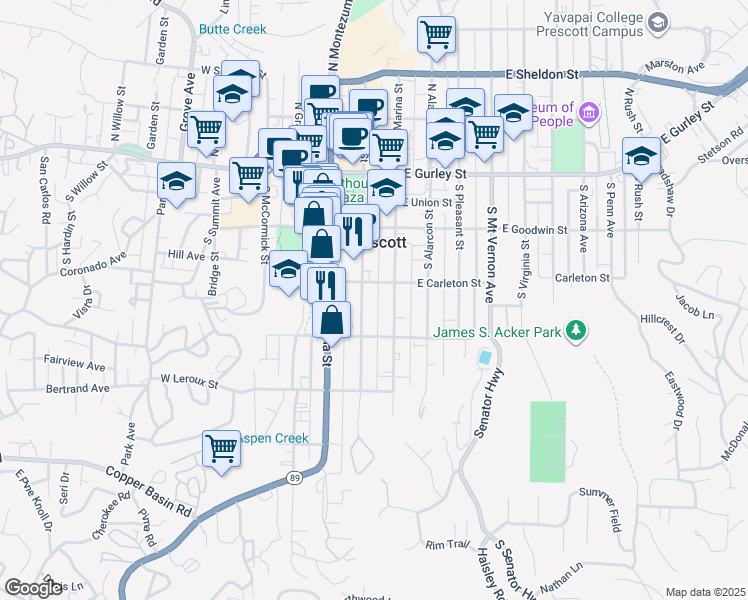 map of restaurants, bars, coffee shops, grocery stores, and more near 315 South Cortez Street in Prescott