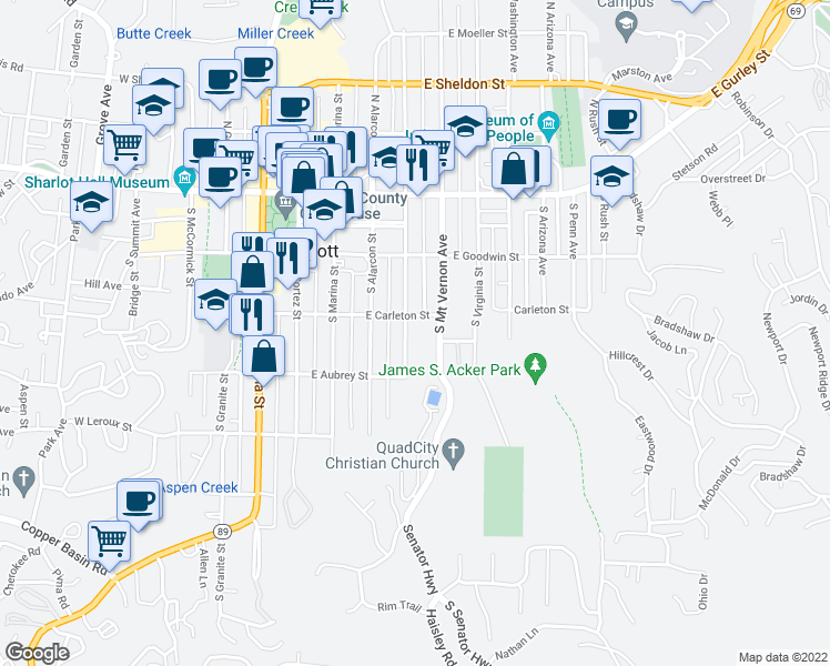 map of restaurants, bars, coffee shops, grocery stores, and more near 313 South Pleasant Street in Prescott