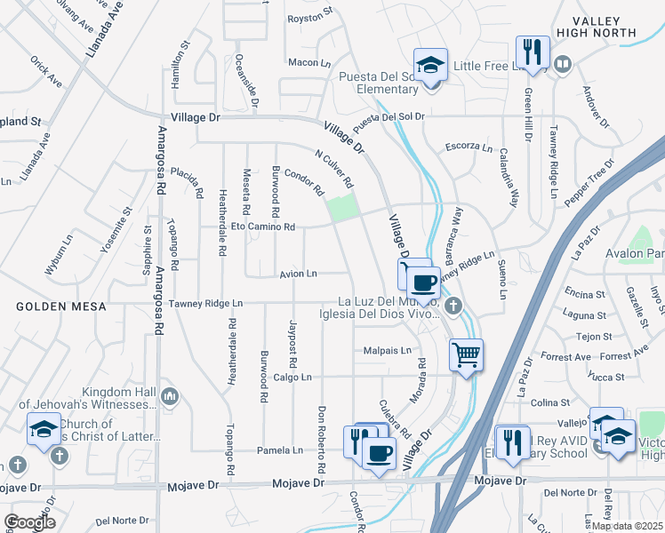 map of restaurants, bars, coffee shops, grocery stores, and more near 15652 Avion Lane in Victorville