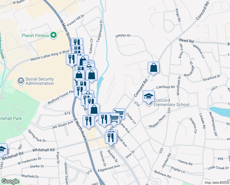 map of restaurants, bars, coffee shops, grocery stores, and more near 130 Hammett Acres Road in Anderson