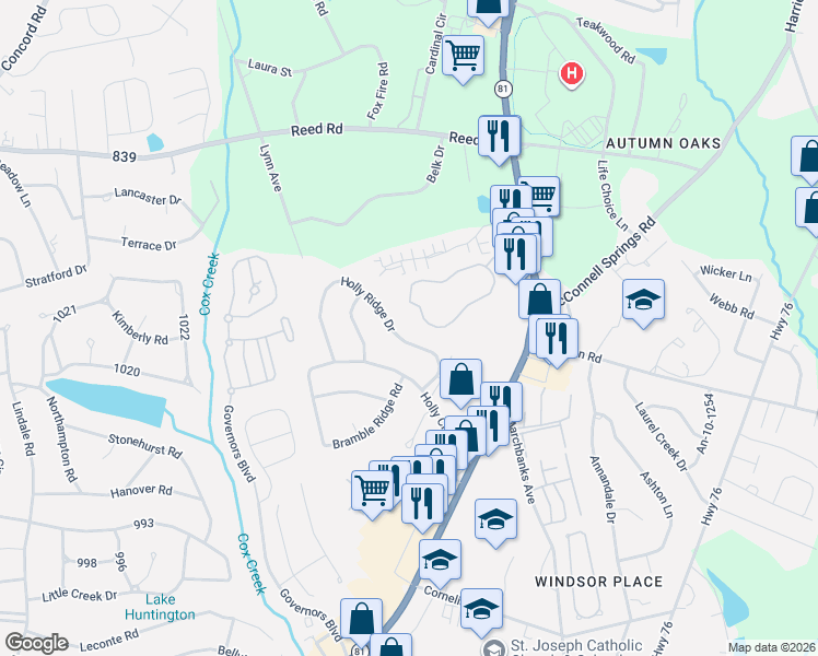 map of restaurants, bars, coffee shops, grocery stores, and more near 128 Holly Ridge Drive in Anderson