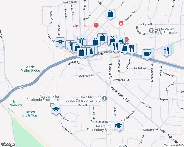 map of restaurants, bars, coffee shops, grocery stores, and more near 17988 Quantico Road in Apple Valley