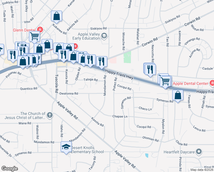 map of restaurants, bars, coffee shops, grocery stores, and more near 15747 Mondamon Road in Apple Valley