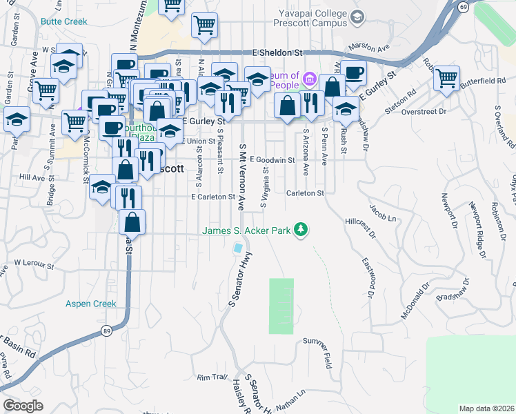 map of restaurants, bars, coffee shops, grocery stores, and more near 314 South Virginia Street in Prescott