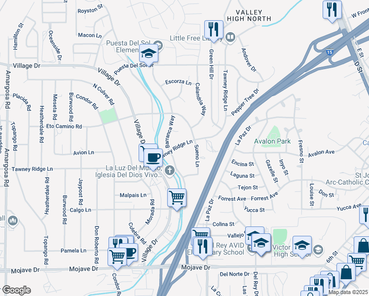 map of restaurants, bars, coffee shops, grocery stores, and more near Tawney Ridge Lane in Victorville
