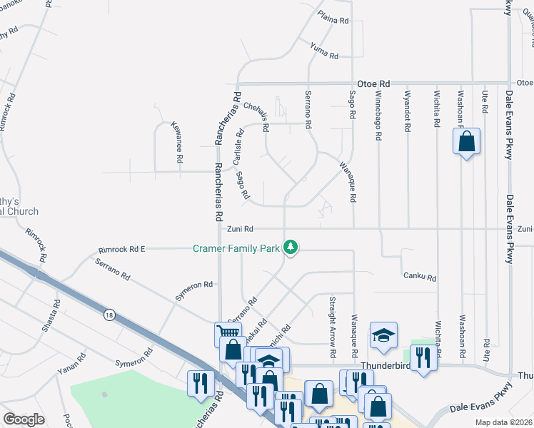 map of restaurants, bars, coffee shops, grocery stores, and more near 15737 Sago Road in Apple Valley