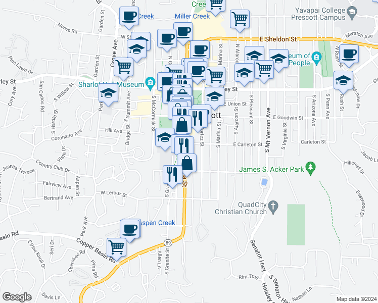 map of restaurants, bars, coffee shops, grocery stores, and more near 311 South Montezuma Street in Prescott