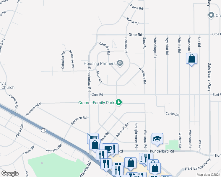 map of restaurants, bars, coffee shops, grocery stores, and more near 15748 Sago Road in Apple Valley