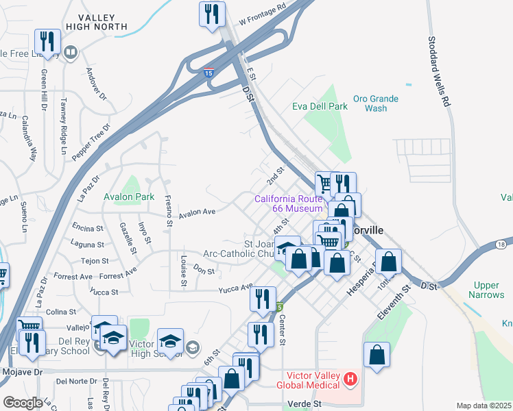 map of restaurants, bars, coffee shops, grocery stores, and more near 15552 3rd Street in Victorville