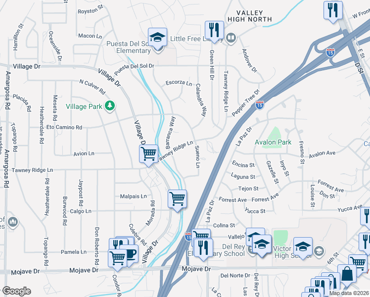 map of restaurants, bars, coffee shops, grocery stores, and more near 15774 Sueno Lane in Victorville