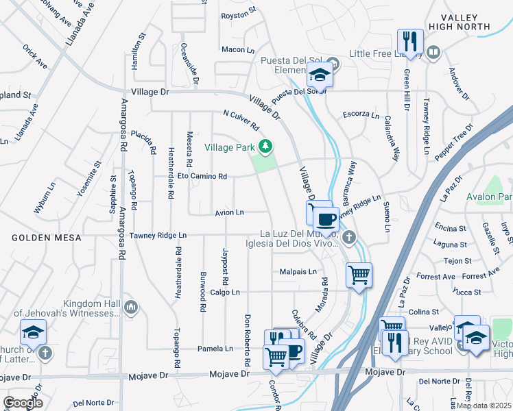 map of restaurants, bars, coffee shops, grocery stores, and more near 15652 Avion Lane in Victorville
