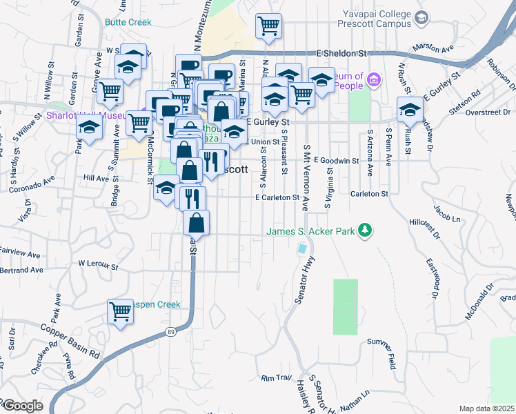 map of restaurants, bars, coffee shops, grocery stores, and more near 314 South Alarcon Street in Prescott