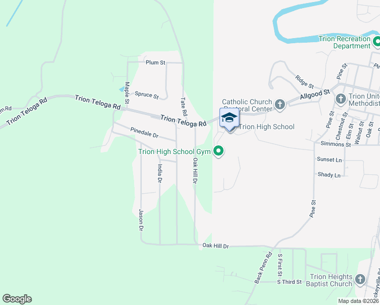 map of restaurants, bars, coffee shops, grocery stores, and more near 813 Oak Hill Drive in Trion