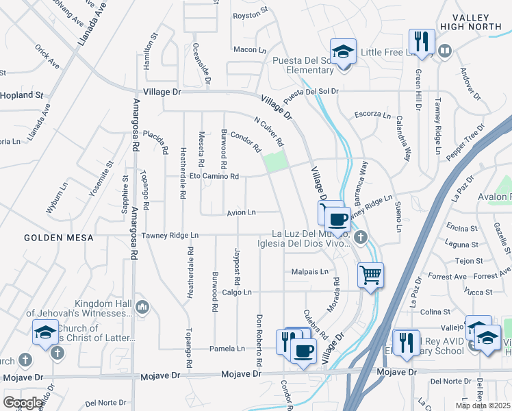 map of restaurants, bars, coffee shops, grocery stores, and more near 15652 Avion Lane in Victorville