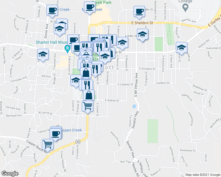 map of restaurants, bars, coffee shops, grocery stores, and more near 309 South Marina Street in Prescott