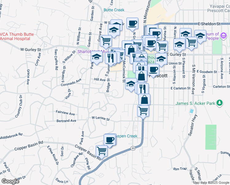 map of restaurants, bars, coffee shops, grocery stores, and more near 300 South McCormick Street in Prescott