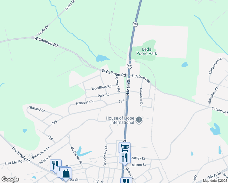 map of restaurants, bars, coffee shops, grocery stores, and more near 201 Park Road in Belton