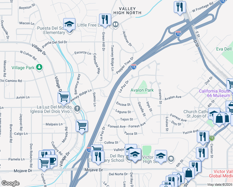 map of restaurants, bars, coffee shops, grocery stores, and more near 15772 La Paz Drive in Victorville