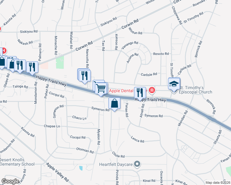 map of restaurants, bars, coffee shops, grocery stores, and more near 1 California 18 in Apple Valley