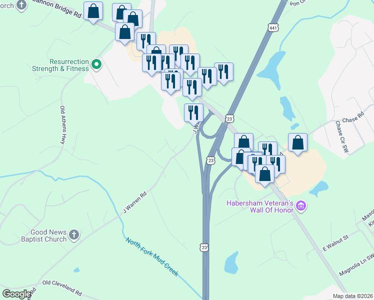 map of restaurants, bars, coffee shops, grocery stores, and more near 2738 J Warren Road in Cornelia
