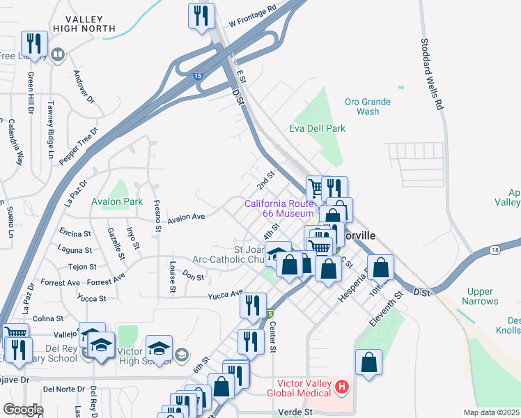 map of restaurants, bars, coffee shops, grocery stores, and more near 15552 3rd Street in Victorville