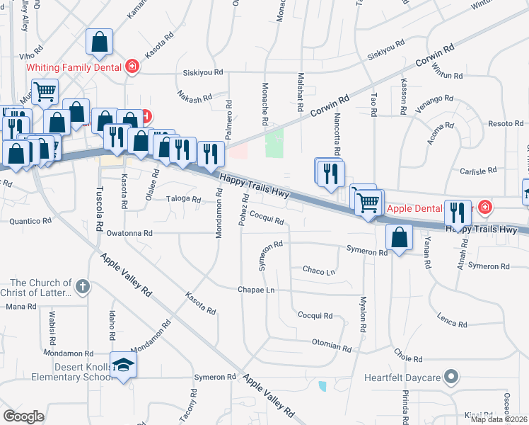 map of restaurants, bars, coffee shops, grocery stores, and more near 18626 Cocqui Road in Apple Valley