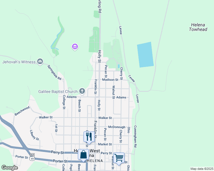 map of restaurants, bars, coffee shops, grocery stores, and more near 1304 Pecan Street in Helena-West Helena