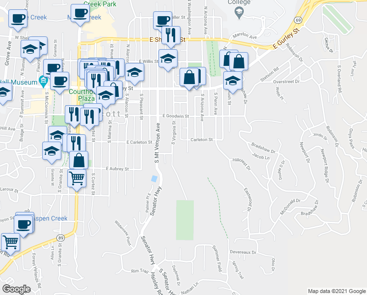 map of restaurants, bars, coffee shops, grocery stores, and more near 308 South Washington Street in Prescott